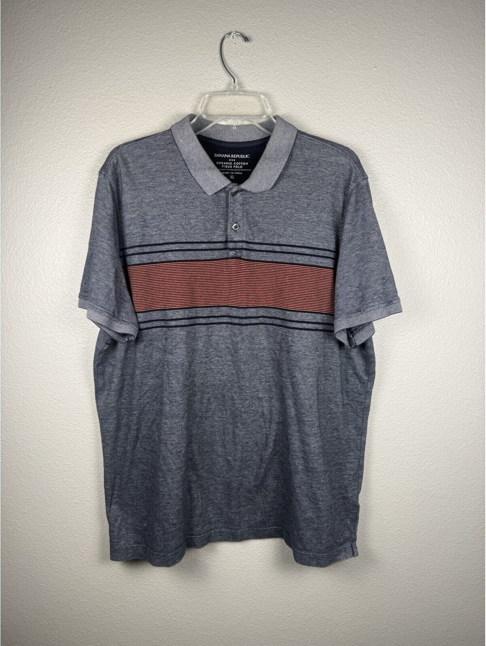 Banana Republic Mens XL Organic Cotton Pique Polo Shirt Navy Orange Striped